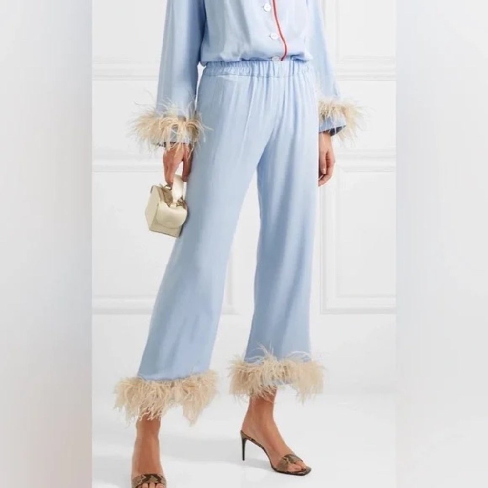 Sleeper Blue/Beige Pajama Party Pants Ostrich Feather Pants